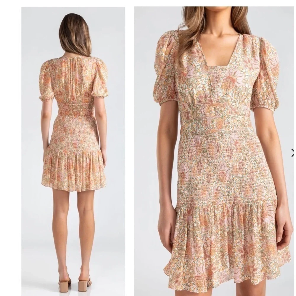 SHOSHANNA Aubrey metallic smocked puff sleeve mini dress size 4 - Picture 3 of 9